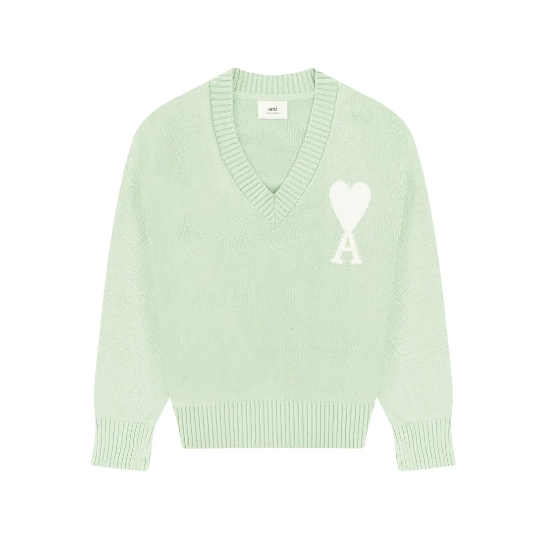 CYA38# 2022 spring and summer new Ami de Coeur macaron love jacquard v-neck sweater, same style for men and women. Color: black, white, light pink, light green, apricot. Size: S-XL