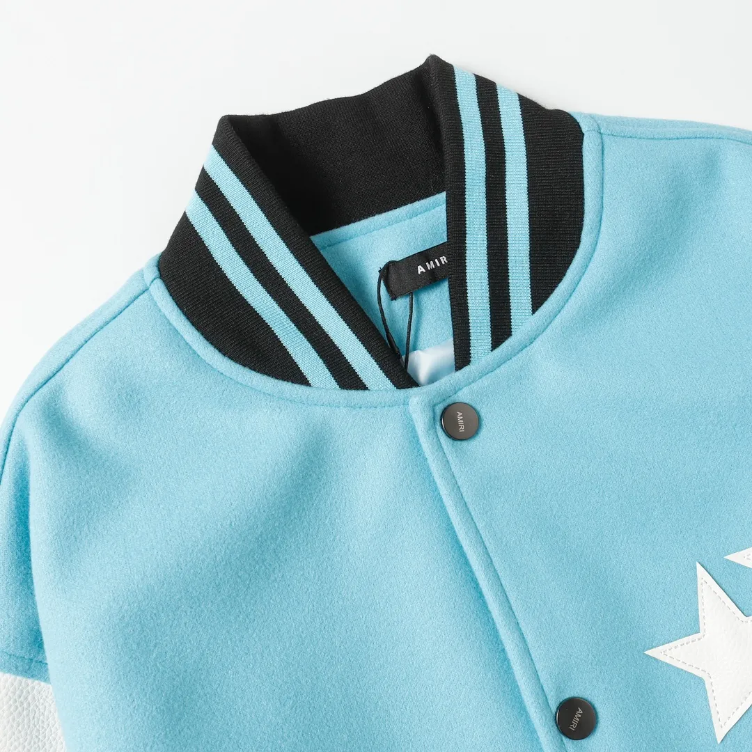 P370 Amiri2024ss Star ⭐ Baseball Jacket - Using laser burning patch technology, pocket hardware zipper design, full of uniqueness - 700g dragon and phoenix nylon and litchi pattern PU collide💥 Fashionable and versatile M L Xl xxl