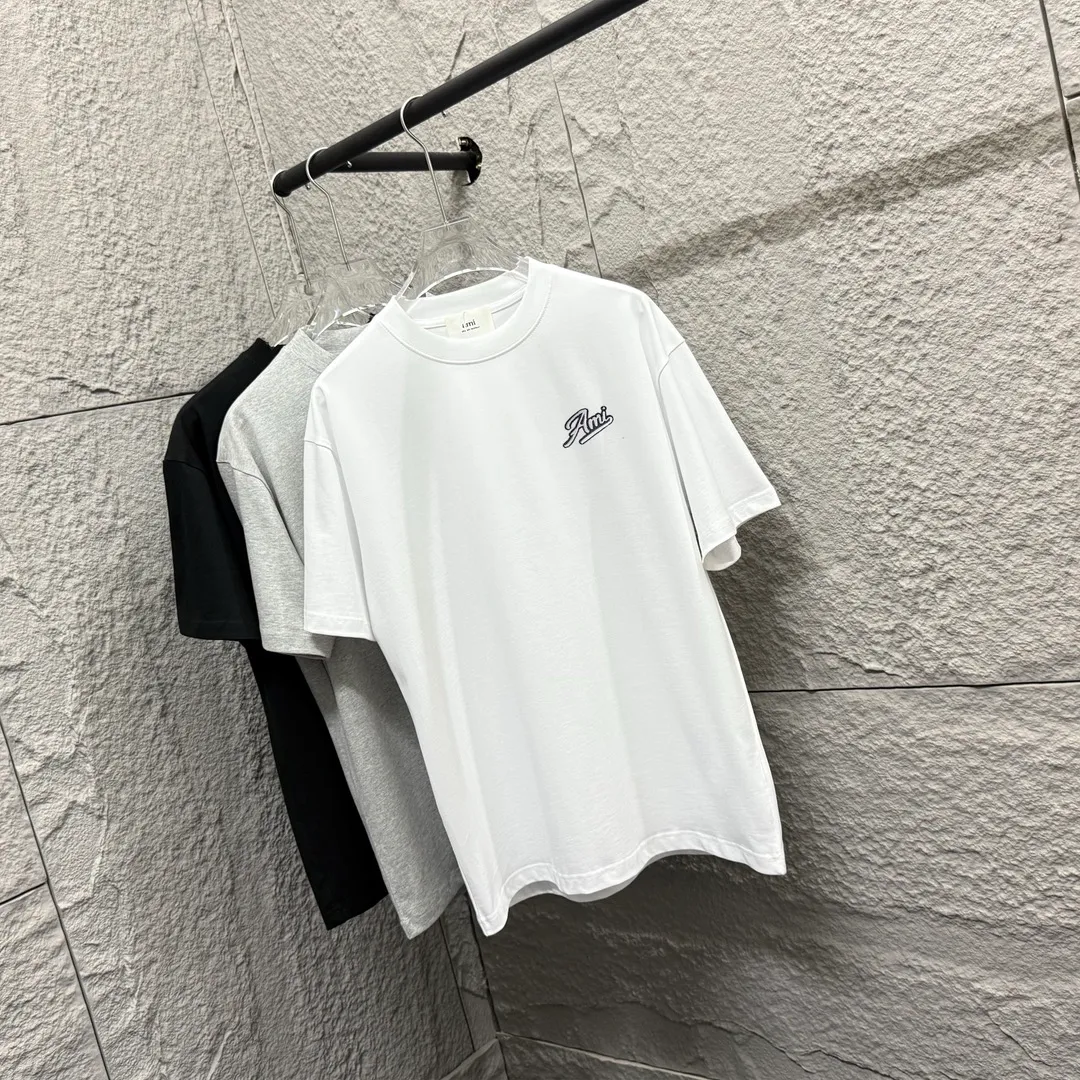 🅿️180 Ami* 2025 spring and summer new style Ami letter embroidery customized double yarn plain cotton fabric short-sleeved T-shirt for men and women Color: black white floral gray Size: S (90-130 pounds) M (120-150 pounds) L (140-165 pounds) XL (160-180 pounds) XXL (180-210 pounds)
