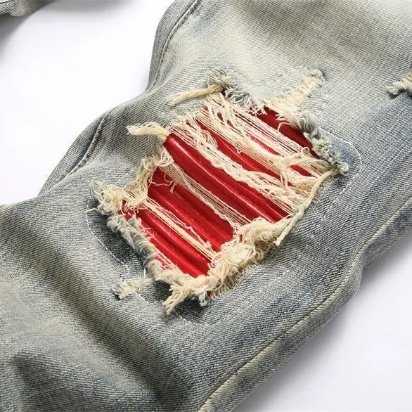 P168 💰 AMIRI patch embroidery jeans trousers AMIRI high street basic ripped tight elastic jeans trousers amiri brand jeans break the production process and cutting of the original jeans, the fabrics are softer and more comfortable Hand-sewn collar label Customized logo buttons Genuine leather tag Color: Picture color Size: 30-32-34-36