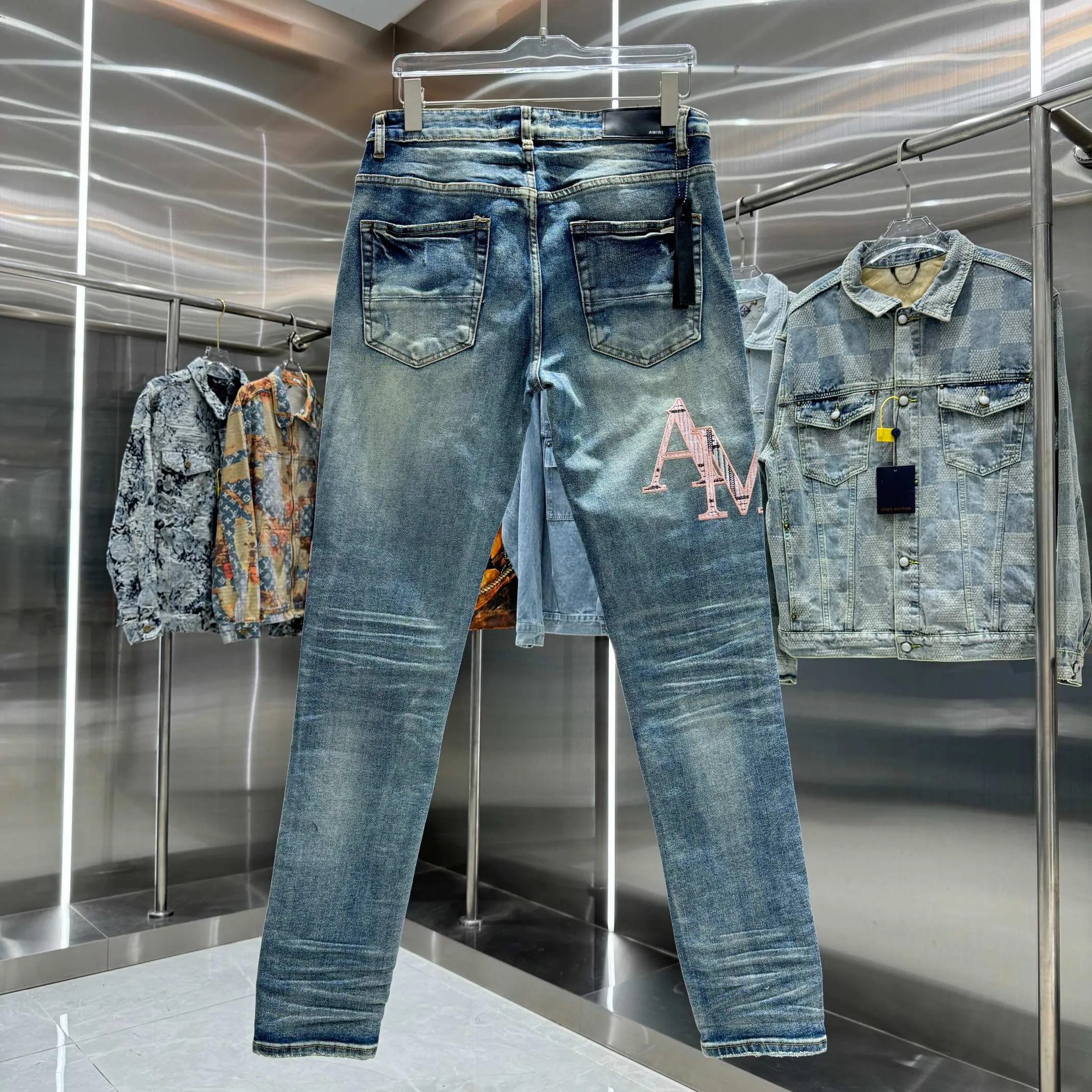 P290 Amiri letter embroidered street fashion slim fit stretch jeans Color Blue Size 30 32 34 36 38