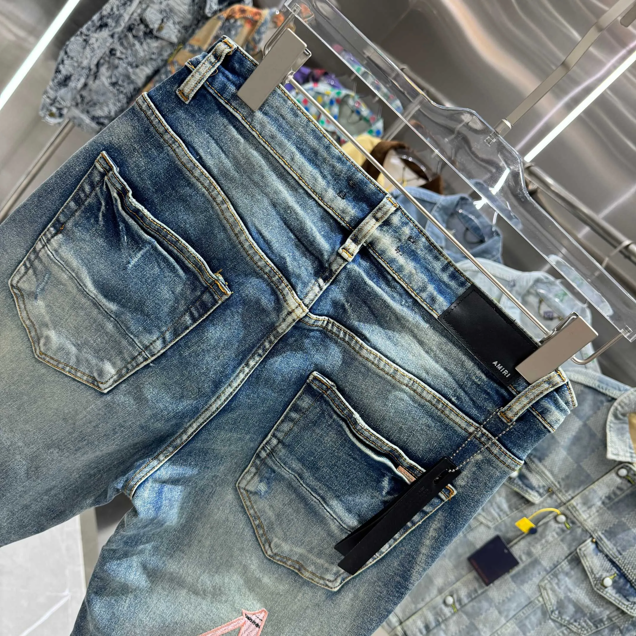 P290 Amiri letter embroidered street fashion slim fit stretch jeans Color Blue Size 30 32 34 36 38