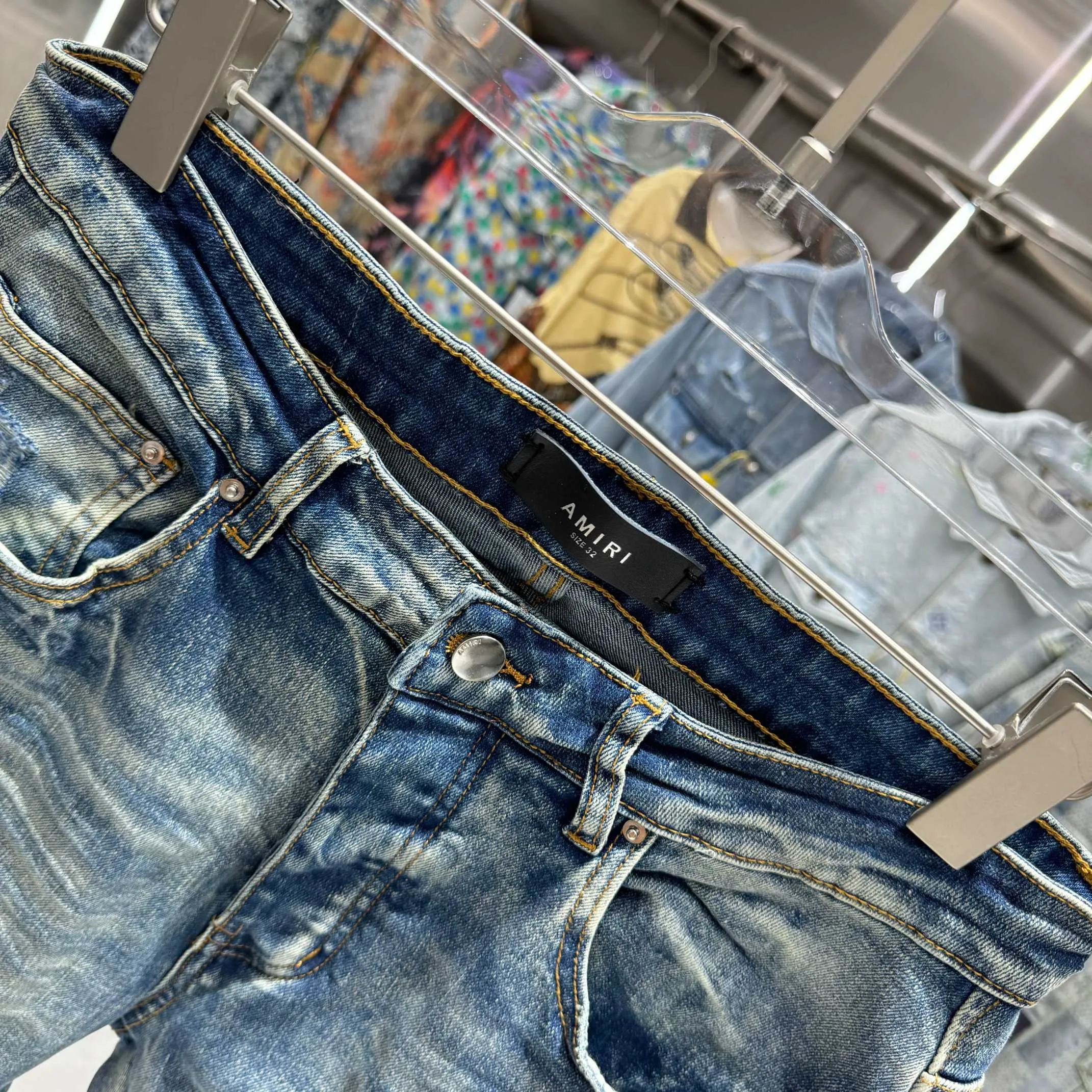 P290 Amiri letter embroidered street fashion slim fit stretch jeans Color Blue Size 30 32 34 36 38