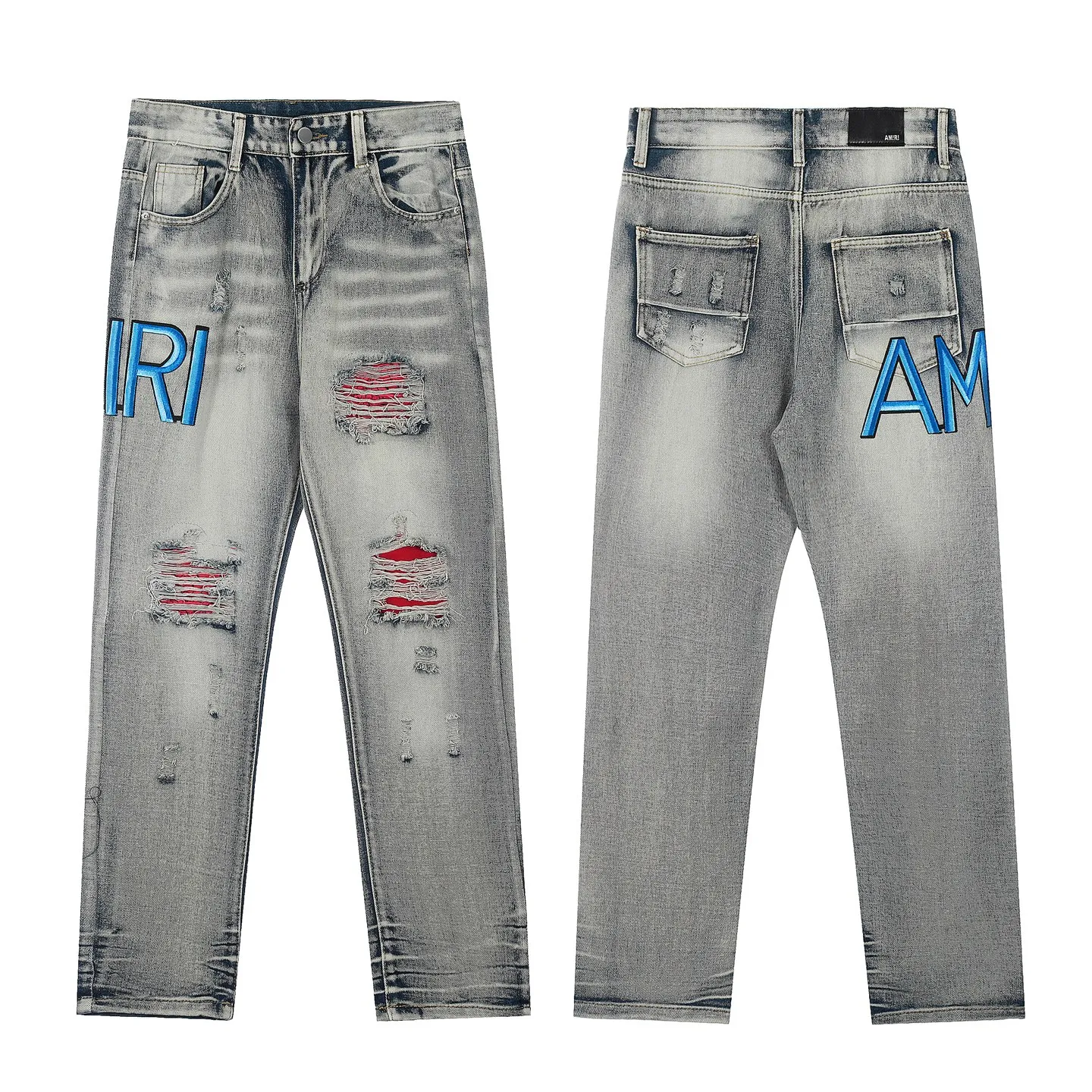 #M28 P168💰 Amiri classic embroidered patched leather ripped letter skinny jeans. Slim skinny jeans. Produced by a major washed factory. Full of high-end. Partial damage to the knees and patchwork design. Already used as a facade design. Leather waist nameplate. The focus of this style is not on the washing, but on the shape and version of the damage. The secret lies in the craftsmanship of the master. The cost of post-processing, grinding, cutting, etc. is far beyond the cost of assembly line products. Color: Picture color Size: 30-32-34-36
