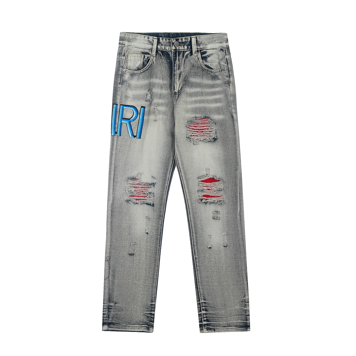 #M28 P168💰 Amiri classic embroidered patched leather ripped letter skinny jeans. Slim skinny jeans. Produced by a major washed factory. Full of high-end. Partial damage to the knees and patchwork design. Already used as a facade design. Leather waist nameplate. The focus of this style is not on the washing, but on the shape and version of the damage. The secret lies in the craftsmanship of the master. The cost of post-processing, grinding, cutting, etc. is far beyond the cost of assembly line products. Color: Picture color Size: 30-32-34-36