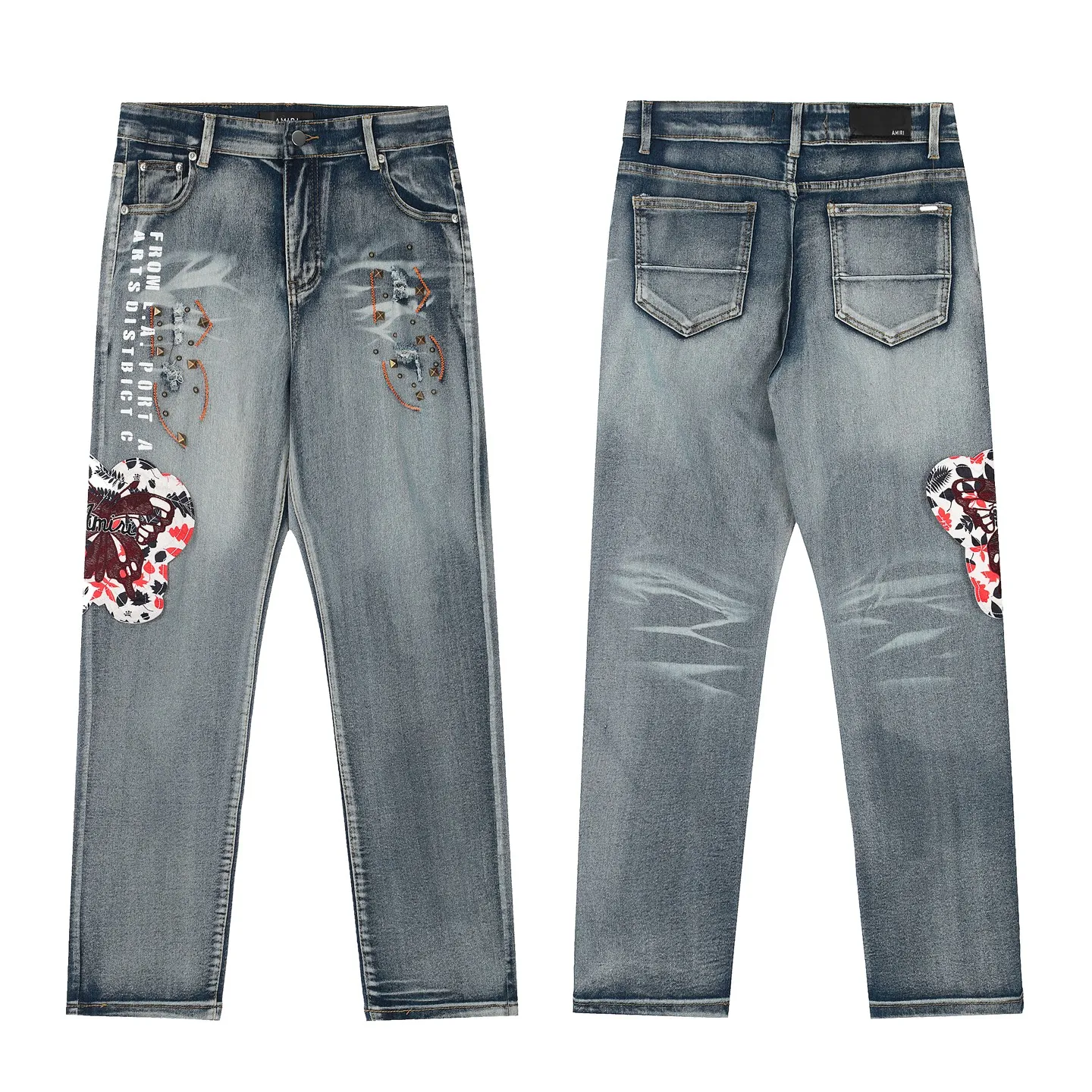 #M58 P168💰 AMIRI patch embroidery jeans trousers AMIRI high street basic ripped tight elastic jeans trousers amiri brand jeans break the production process and cutting of the original jeans, the fabrics are softer and more comfortable Hand-sewn collar label Customized logo buttons Genuine leather tag Color: Picture color Size: 30-32-34-36