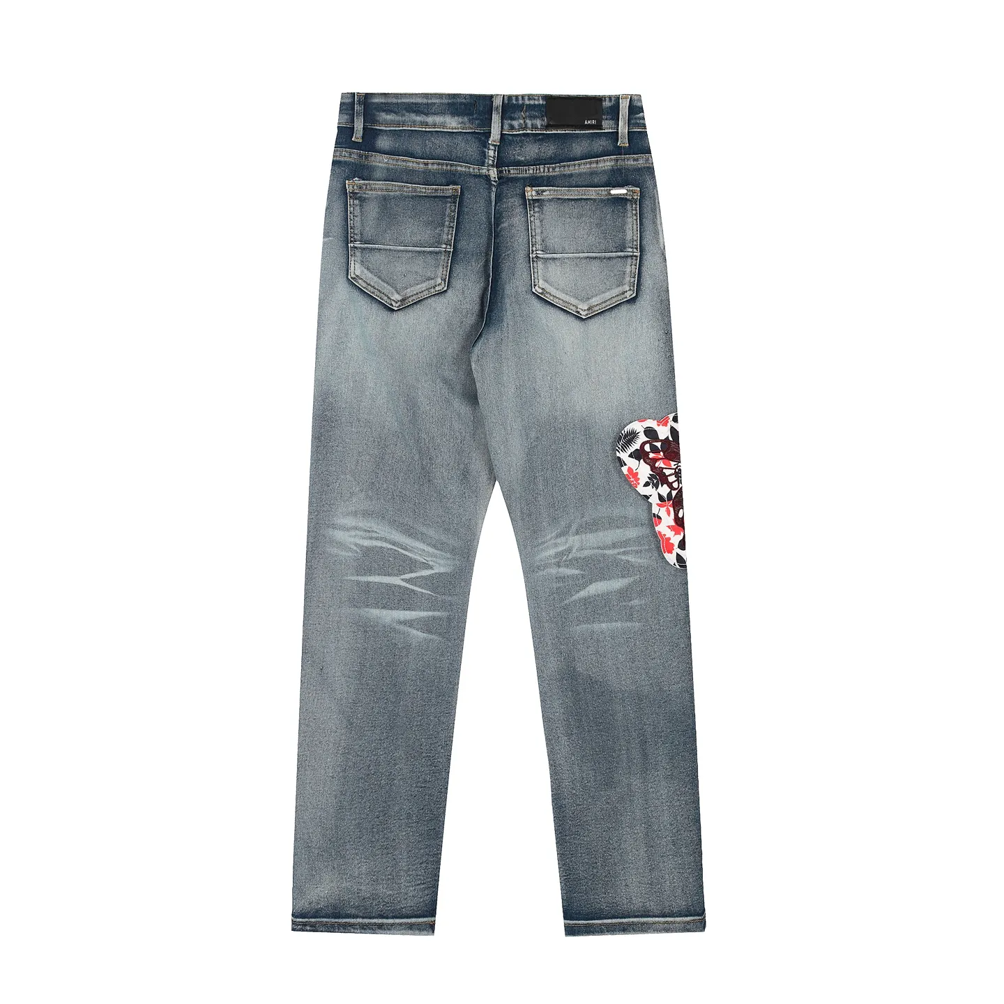 #M58 P168💰 AMIRI patch embroidery jeans trousers AMIRI high street basic ripped tight elastic jeans trousers amiri brand jeans break the production process and cutting of the original jeans, the fabrics are softer and more comfortable Hand-sewn collar label Customized logo buttons Genuine leather tag Color: Picture color Size: 30-32-34-36