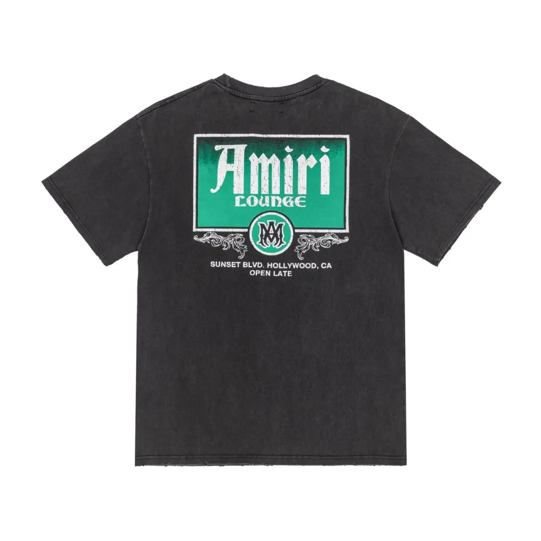 8037#P170, AMIRI cracked logo printed, washed, frayed and fried, loose version of T-shirt, made of 300g fabric, color: black, size: S M L XL