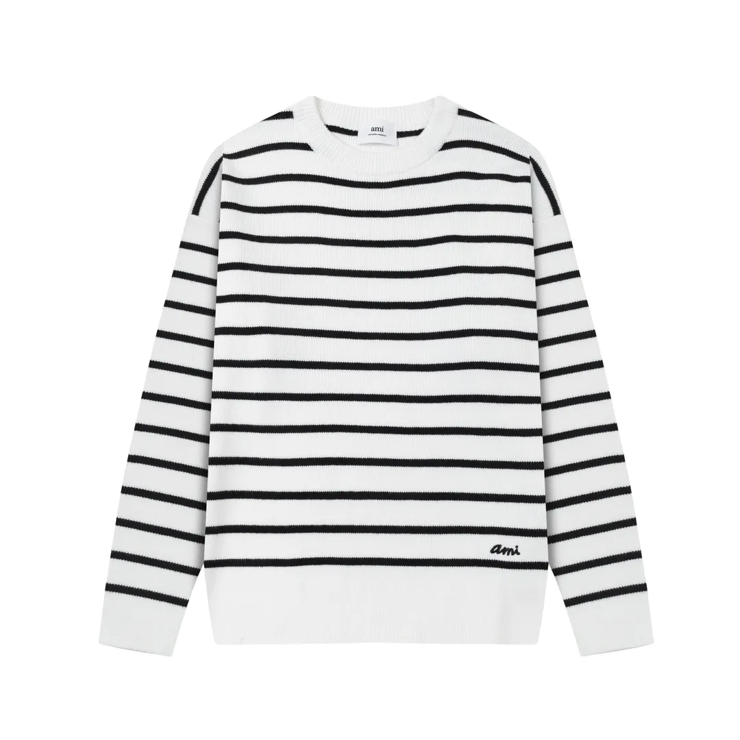 8182# Ami Paris 2024 autumn and winter new designer ami letter embroidered striped knitted wool round neck pullover sweater for men and women. Color: White Size S-XL