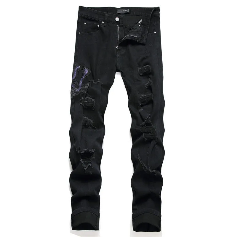 #M57 P168💰 AMIRI patch embroidery jeans trousers AMIRI high street basic ripped tight elastic jeans trousers amiri brand jeans break the production process and cutting of the original jeans, the fabrics are softer and more comfortable Hand-sewn collar label Customized logo buttons Genuine leather tag Color: Picture color Size: 30-32-34-36