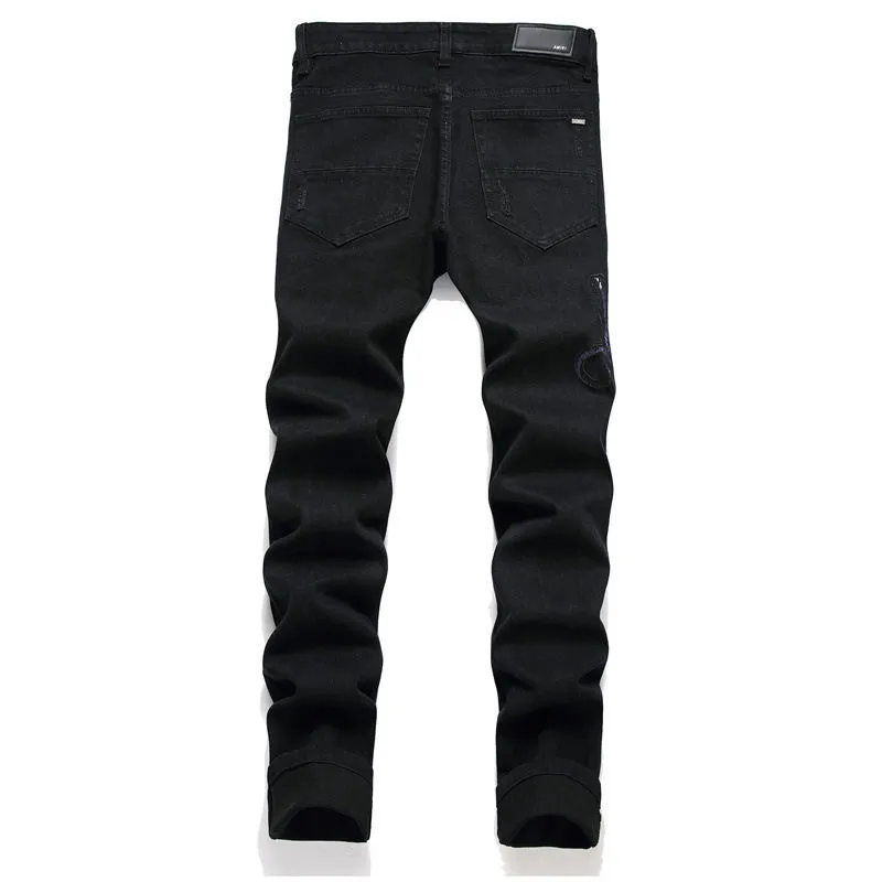 #M57 P168💰 AMIRI patch embroidery jeans trousers AMIRI high street basic ripped tight elastic jeans trousers amiri brand jeans break the production process and cutting of the original jeans, the fabrics are softer and more comfortable Hand-sewn collar label Customized logo buttons Genuine leather tag Color: Picture color Size: 30-32-34-36
