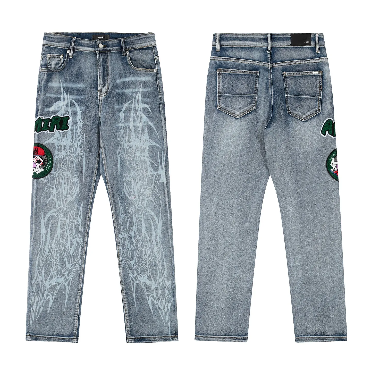 #M54 P168💰 AMIRI patch embroidery jeans trousers AMIRI high street basic ripped tight elastic jeans trousers amiri brand jeans break the production process and cutting of the original jeans, the fabrics are softer and more comfortable Hand-sewn collar label Customized logo buttons Genuine leather tag Color: Picture color Size: 30-32-34-36