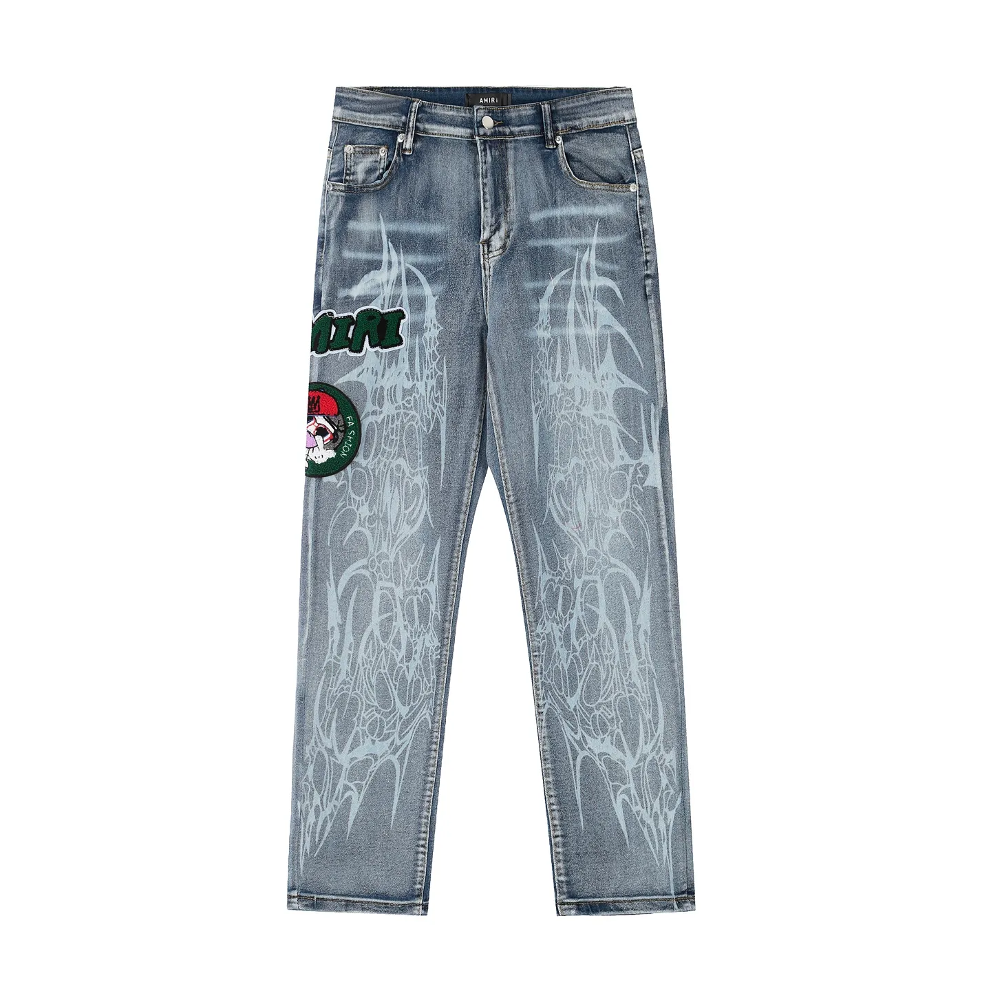 #M54 P168💰 AMIRI patch embroidery jeans trousers AMIRI high street basic ripped tight elastic jeans trousers amiri brand jeans break the production process and cutting of the original jeans, the fabrics are softer and more comfortable Hand-sewn collar label Customized logo buttons Genuine leather tag Color: Picture color Size: 30-32-34-36