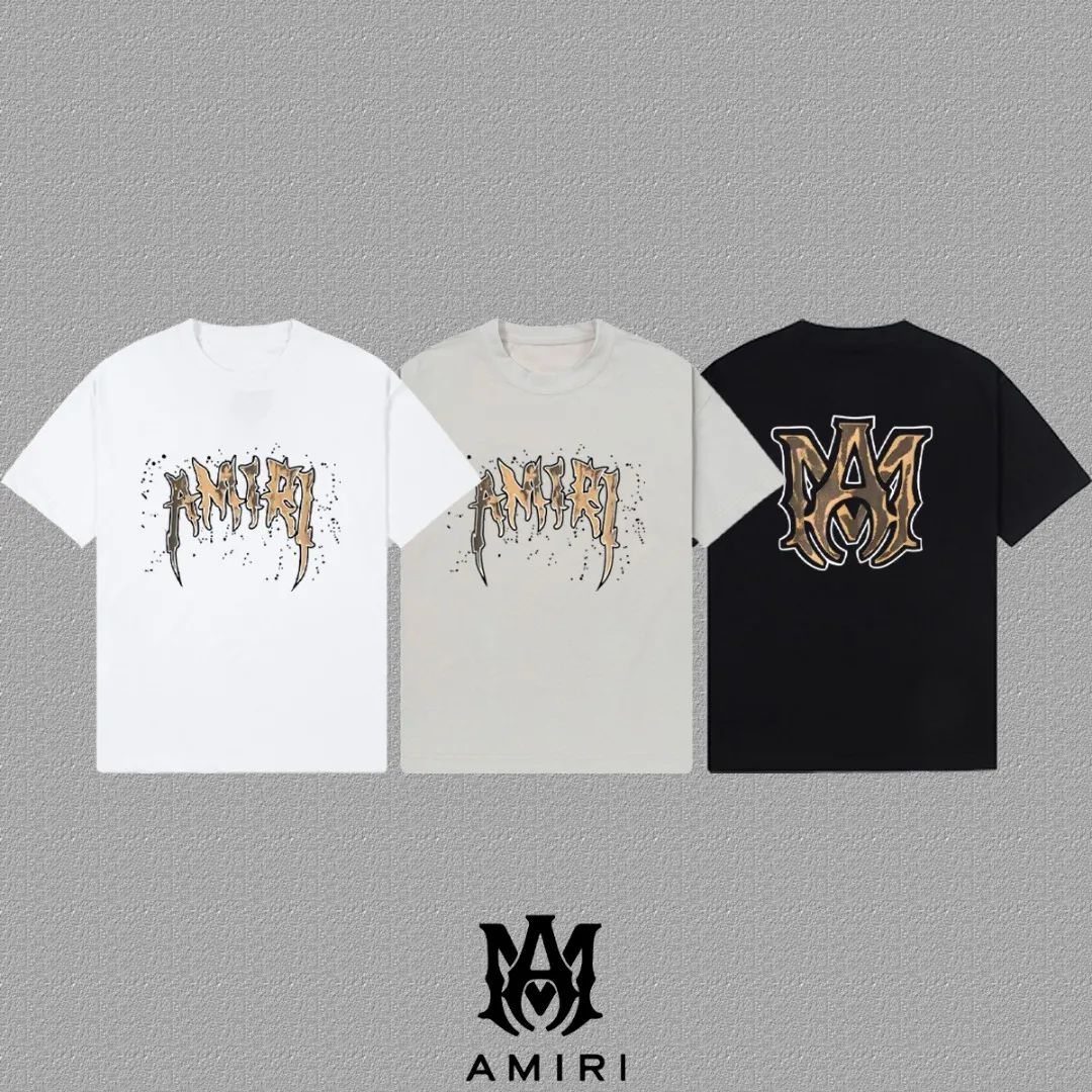 P140 [AMIRI] 2025FW short-sleeved T-shirt LOGO printing, high-end 26s double yarn 300g fabric, heavy fabric, custom stretcher rib, same vat and dye, complete three standards, same style for men and women, color: black, white, gray, size: S M L XL 2XL