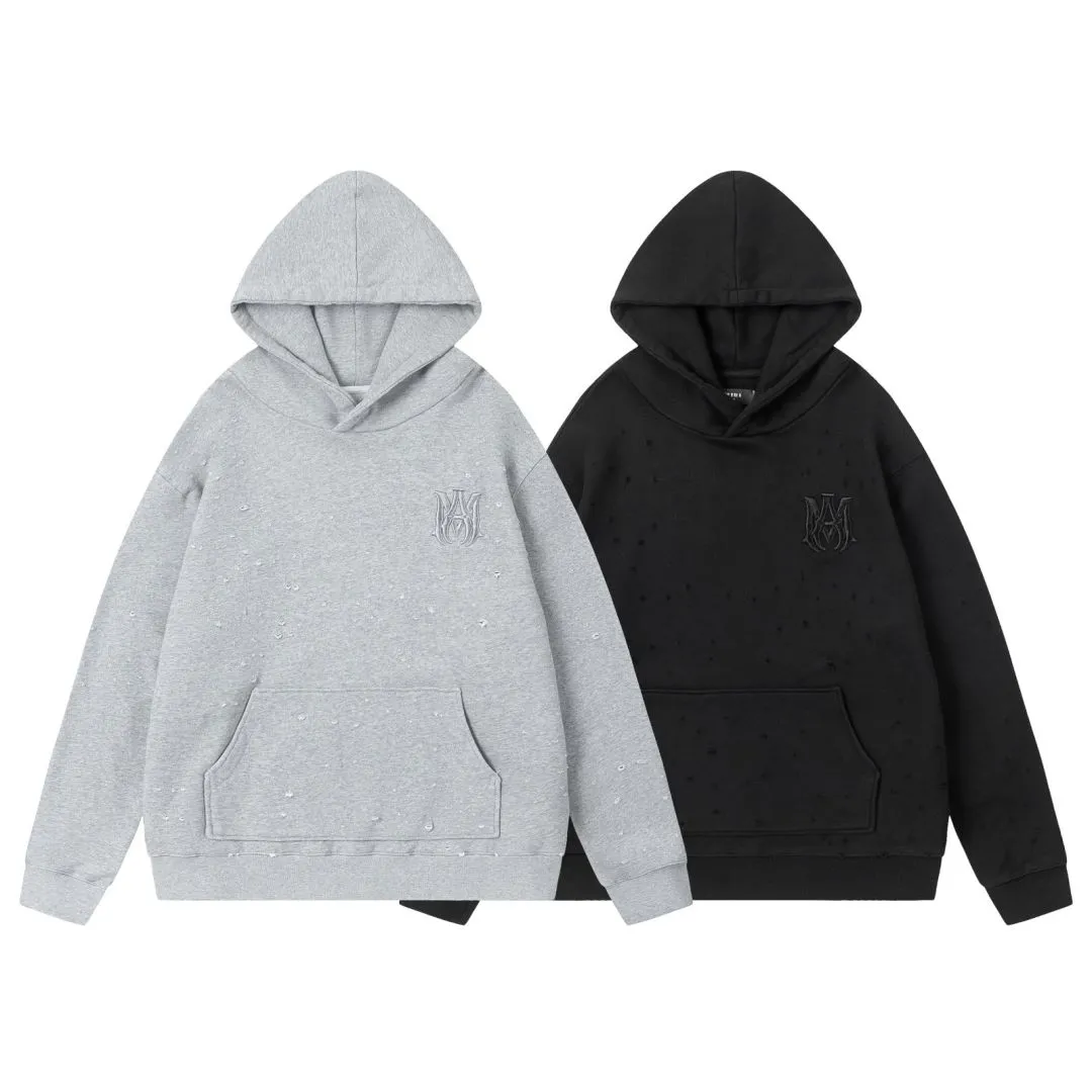 7177#P320AMIRI embroidered hole hooded sweatshirt, color: black, floral gray, size: S M L XL