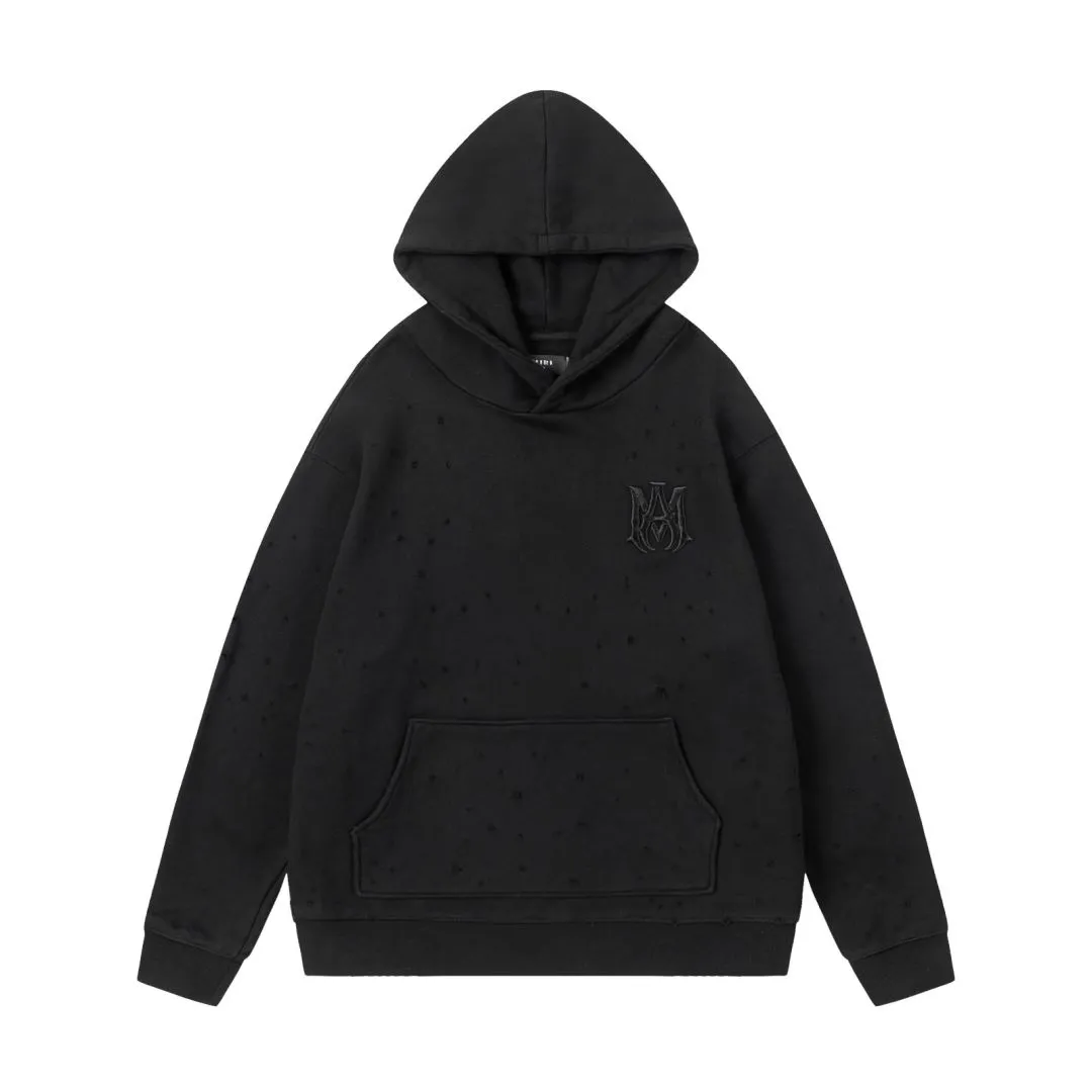7177#P320AMIRI embroidered hole hooded sweatshirt, color: black, floral gray, size: S M L XL