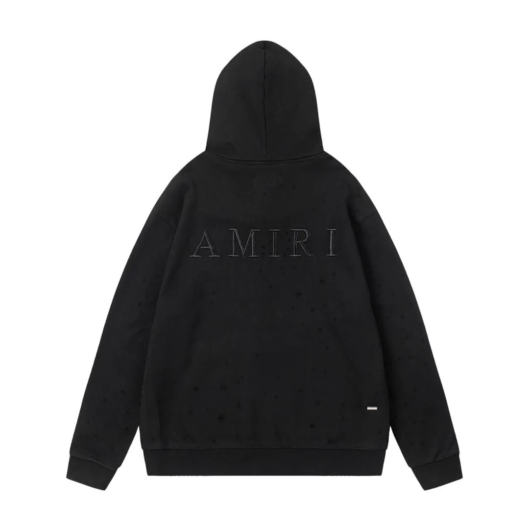 7177#P320AMIRI embroidered hole hooded sweatshirt, color: black, floral gray, size: S M L XL