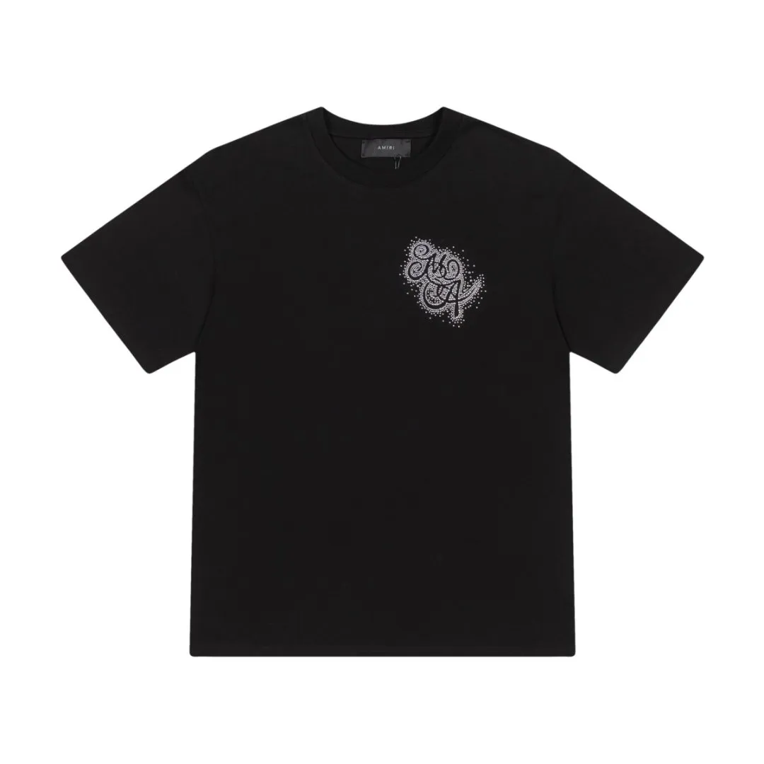 8047#P160, AMIRI hot diamond loose version short-sleeved T-shirt, made of 300 grams of fabric. Color: Black, Size: S M L XL