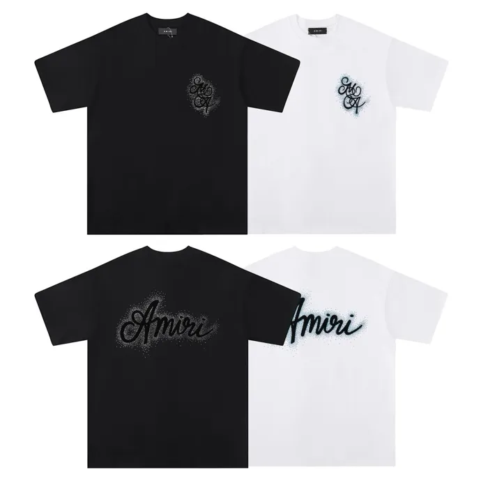 Style number: 715 P126 Fabric: 260g double yarn AMIRI 2025 spring and summer new logo round neck T-shirt high street men and women loose classic letter silver glitter short sleeves Color: black. White Size: S M L XL