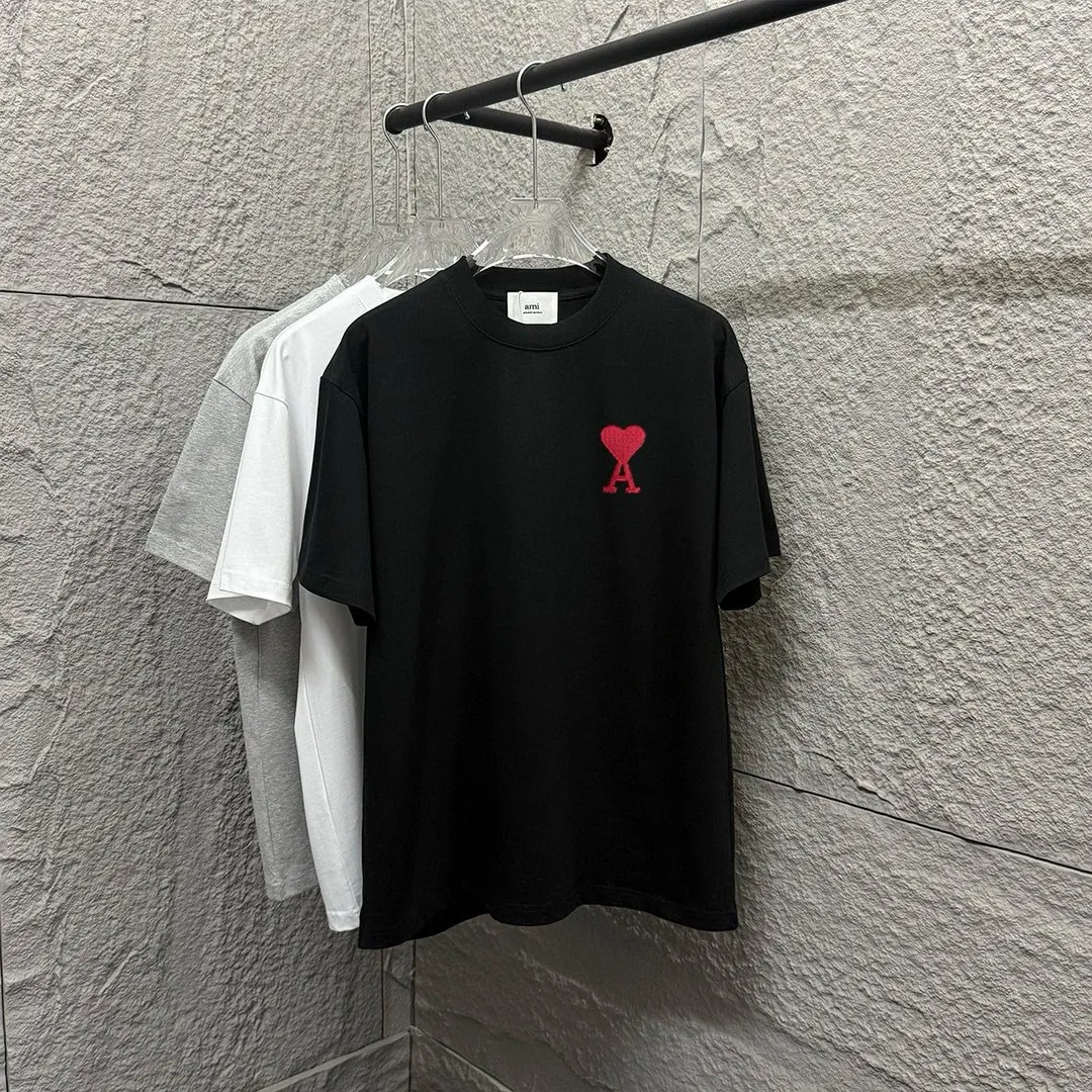🅿️180 Ami* love embroidery 2025 spring and summer new style Big love A embroidered personalized letters Customized double yarn plain cotton fabric Short-sleeved T-shirt Uniform for men and women Color: white floral gray black Size: S (90-130 pounds) M (120-150 pounds) L (140-165 pounds) XL (160-180 pounds) XXL (180-210 pounds)