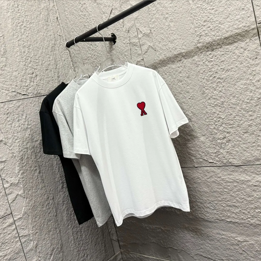 🅿️180 Ami* 2025 spring and summer new style Ami love letter embroidery Customized double yarn plain cotton fabric Short-sleeved T-shirt Uniform for men and women Color: black white floral gray Size: S (90-130 pounds) M (120-150 pounds) L (140-165 pounds) XL (160-180 pounds) XXL (180-210 pounds)