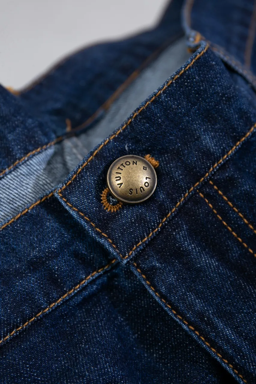 LV 2024 FW new autumn and winter cotton denim blue casual shorts, classic fit, Damier nubuck label decoration on the back waist, LV Ropes embroidered rope effect, with brand patch logo, metal lettering studs and buttons