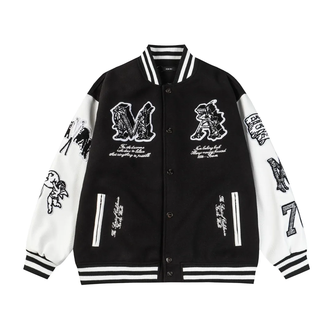 P390 Amiri2024ss Cupid💘baseball uniform jacket -Using towel embroidery technology, pocket hardware zipper design, full of uniqueness -700g dragon and phoenix nylon and litchi pattern PU collide💥 Fashionable and versatile M L Xl xxl