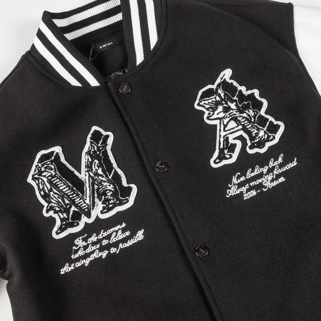 P390 Amiri2024ss Cupid💘baseball uniform jacket -Using towel embroidery technology, pocket hardware zipper design, full of uniqueness -700g dragon and phoenix nylon and litchi pattern PU collide💥 Fashionable and versatile M L Xl xxl
