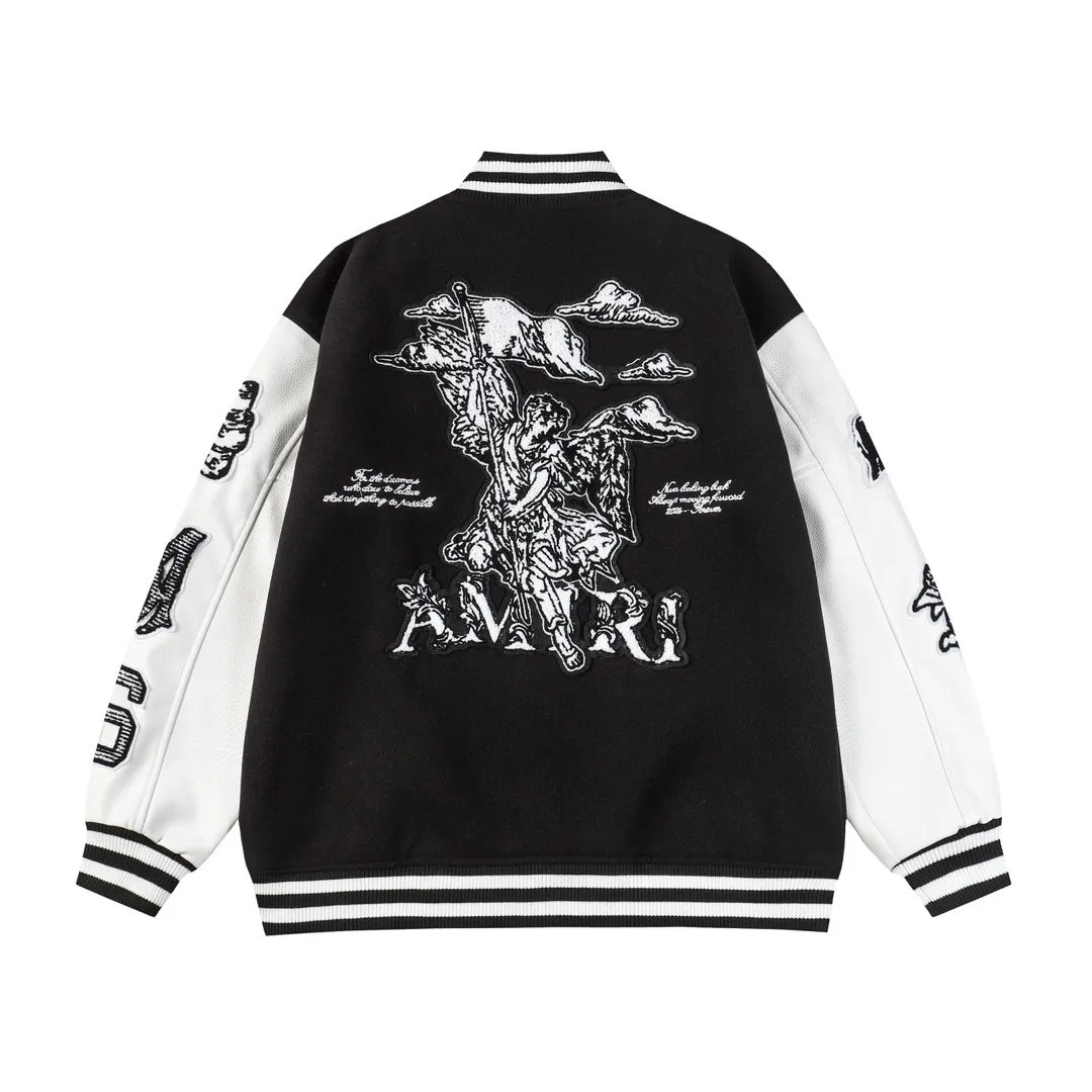 P390 Amiri2024ss Cupid💘baseball uniform jacket -Using towel embroidery technology, pocket hardware zipper design, full of uniqueness -700g dragon and phoenix nylon and litchi pattern PU collide💥 Fashionable and versatile M L Xl xxl