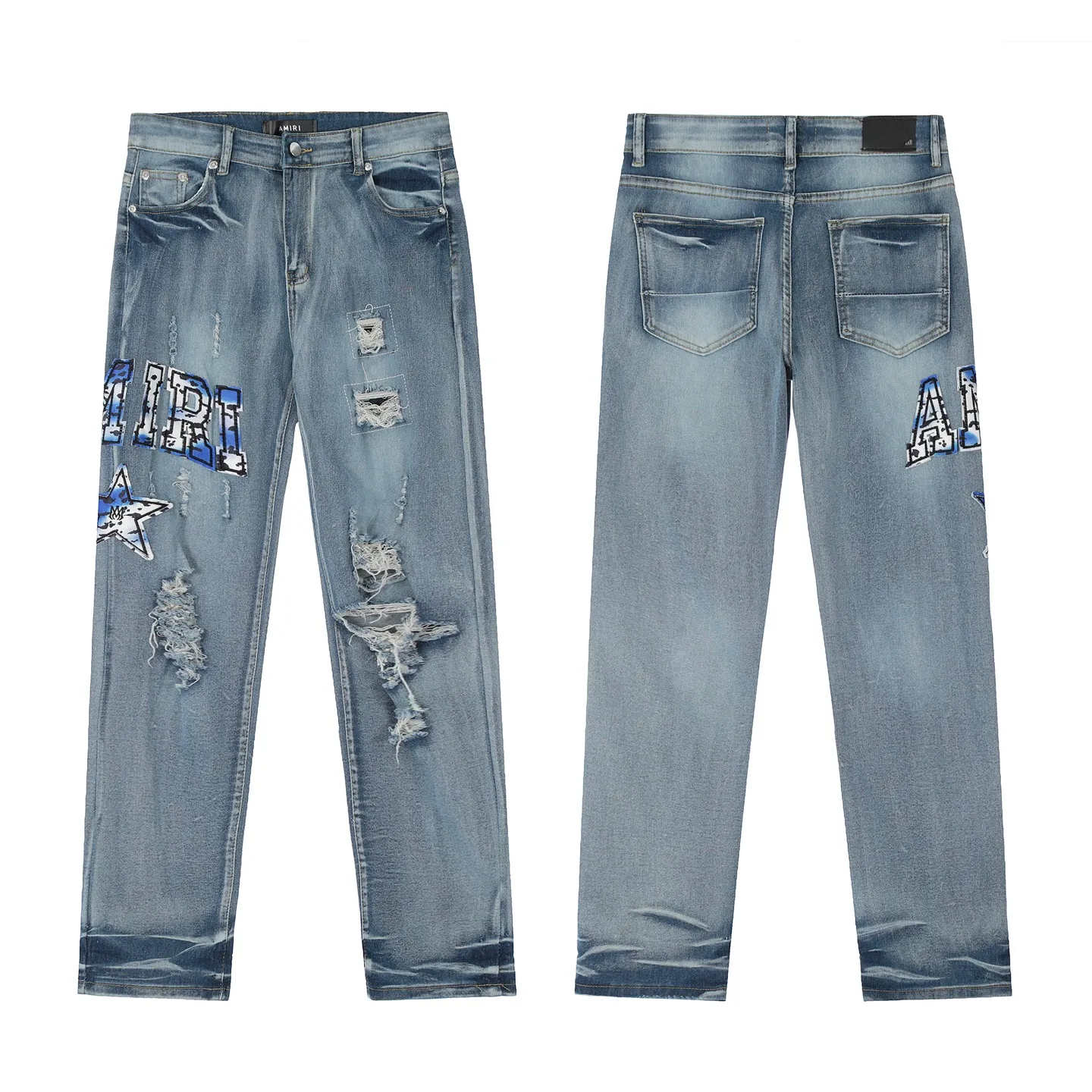 #M50 P168💰 Amiri classic embroidered patched leather ripped letter jeans, slim fit jeans, produced by a major washed factory, full of high-end feel, partially destroyed knee design with patchwork leather design, has been used as a facade design, leather waist nameplate, the focus of this style is not on the washing, but on the destroyed shape and version. The secret lies in the craftsmanship of the master. The cost of post-processing, grinding, cutting, etc. is far beyond the cost of assembly line products. Color: Picture color Size: 30-32-34-36