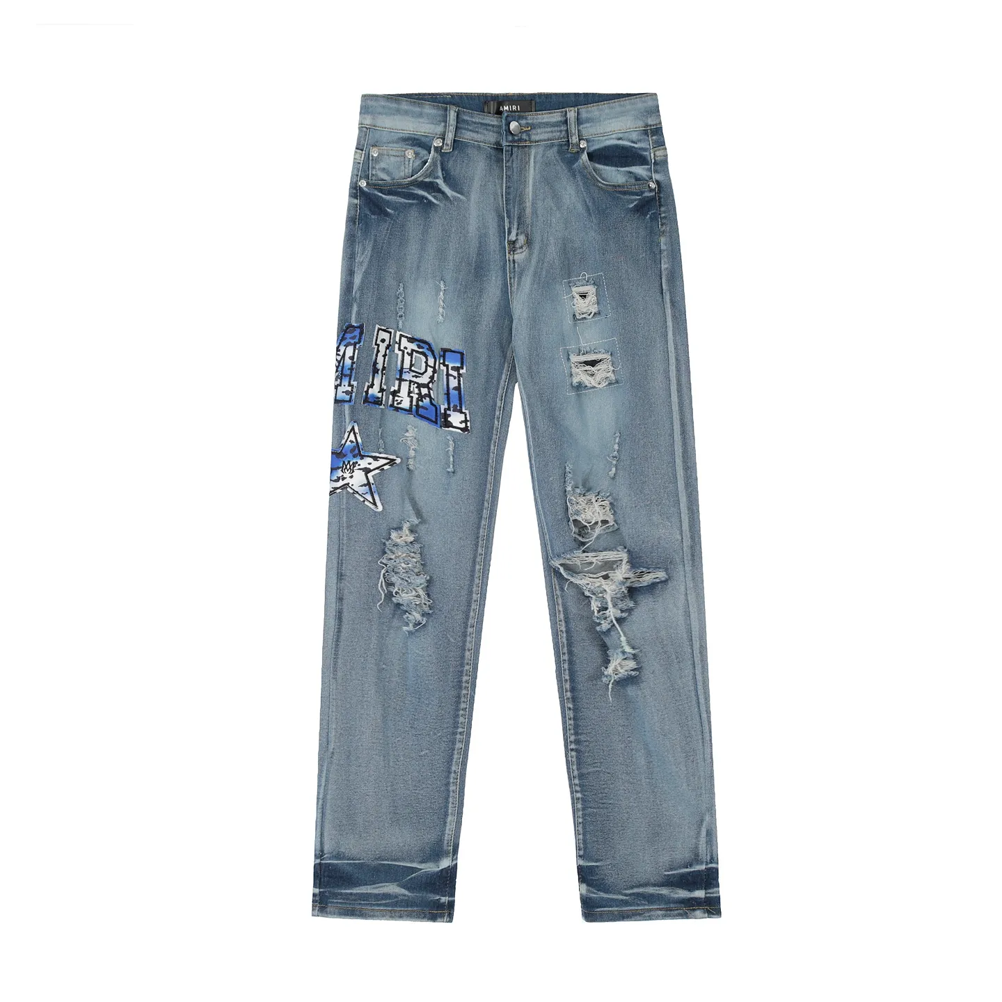#M50 P168💰 Amiri classic embroidered patched leather ripped letter jeans, slim fit jeans, produced by a major washed factory, full of high-end feel, partially destroyed knee design with patchwork leather design, has been used as a facade design, leather waist nameplate, the focus of this style is not on the washing, but on the destroyed shape and version. The secret lies in the craftsmanship of the master. The cost of post-processing, grinding, cutting, etc. is far beyond the cost of assembly line products. Color: Picture color Size: 30-32-34-36