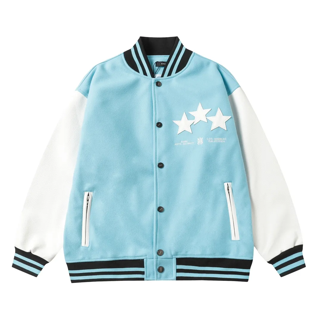 P370 Amiri2024ss Star ⭐ Baseball Jacket - Using laser burning patch technology, pocket hardware zipper design, full of uniqueness - 700g dragon and phoenix nylon and litchi pattern PU collide💥 Fashionable and versatile M L Xl xxl