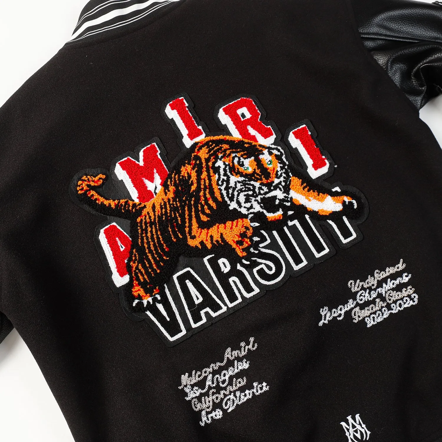 P370 AMIRI's new tiger towel embroidered baseball jacket with thousands of needles, high weight dragon and phoenix nylon fabric with pebbled leather sleeves, heavy industry hardware restored one to one M L XL XXL