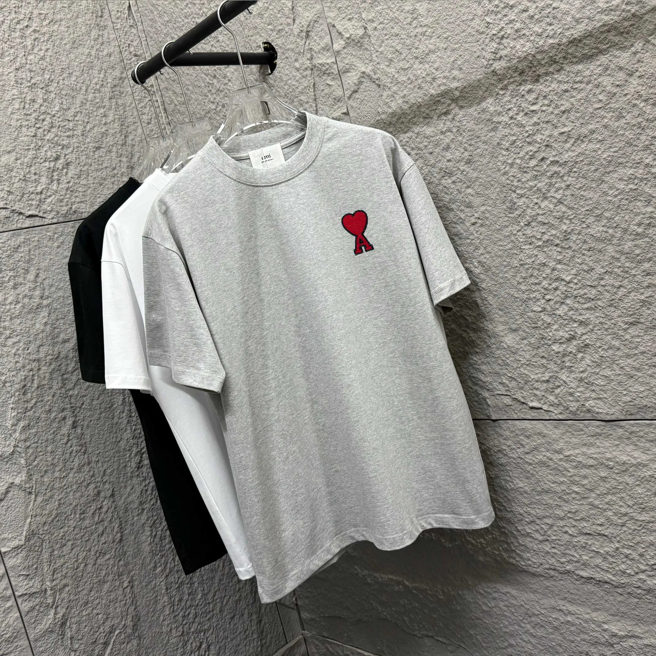 🅿️180 Ami* 2025 spring and summer new style Ami framed love letter embroidery Customized double yarn plain cotton fabric Short-sleeved T-shirt Uniform for men and women Color: black white floral gray Size: S (90-130 pounds) M (120-150 pounds) L (140-165 pounds) XL (160-180 pounds) XXL (180-210 pounds)