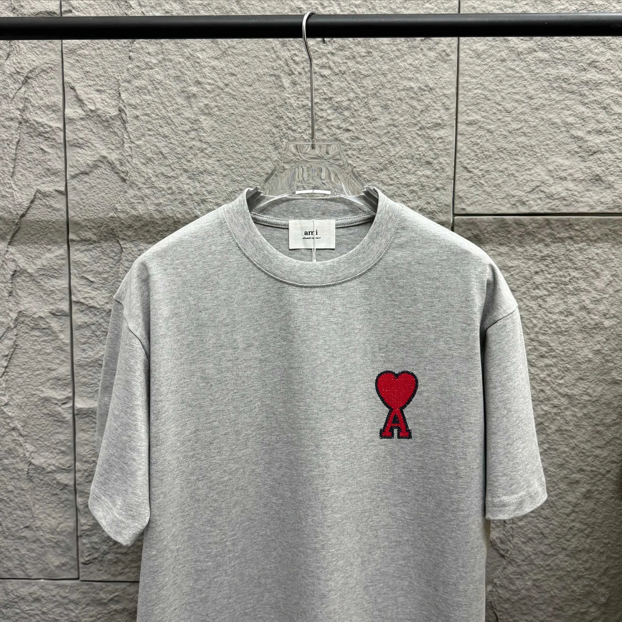 🅿️180 Ami* 2025 spring and summer new style Ami framed love letter embroidery Customized double yarn plain cotton fabric Short-sleeved T-shirt Uniform for men and women Color: black white floral gray Size: S (90-130 pounds) M (120-150 pounds) L (140-165 pounds) XL (160-180 pounds) XXL (180-210 pounds)