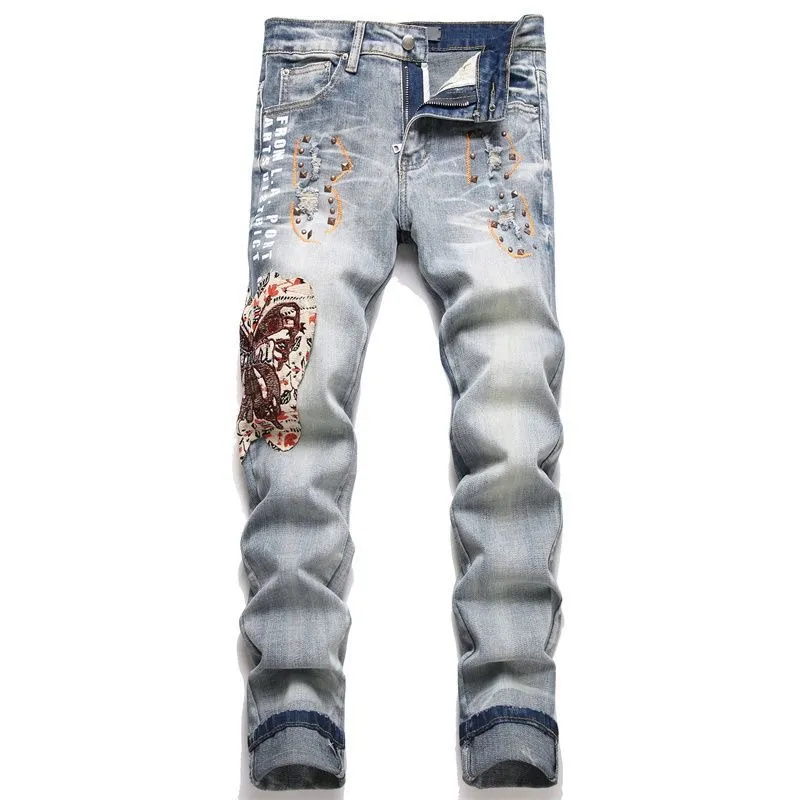 #M58 P168💰 AMIRI patch embroidery jeans trousers AMIRI high street basic ripped tight elastic jeans trousers amiri brand jeans break the production process and cutting of the original jeans, the fabrics are softer and more comfortable Hand-sewn collar label Customized logo buttons Genuine leather tag Color: Picture color Size: 30-32-34-36