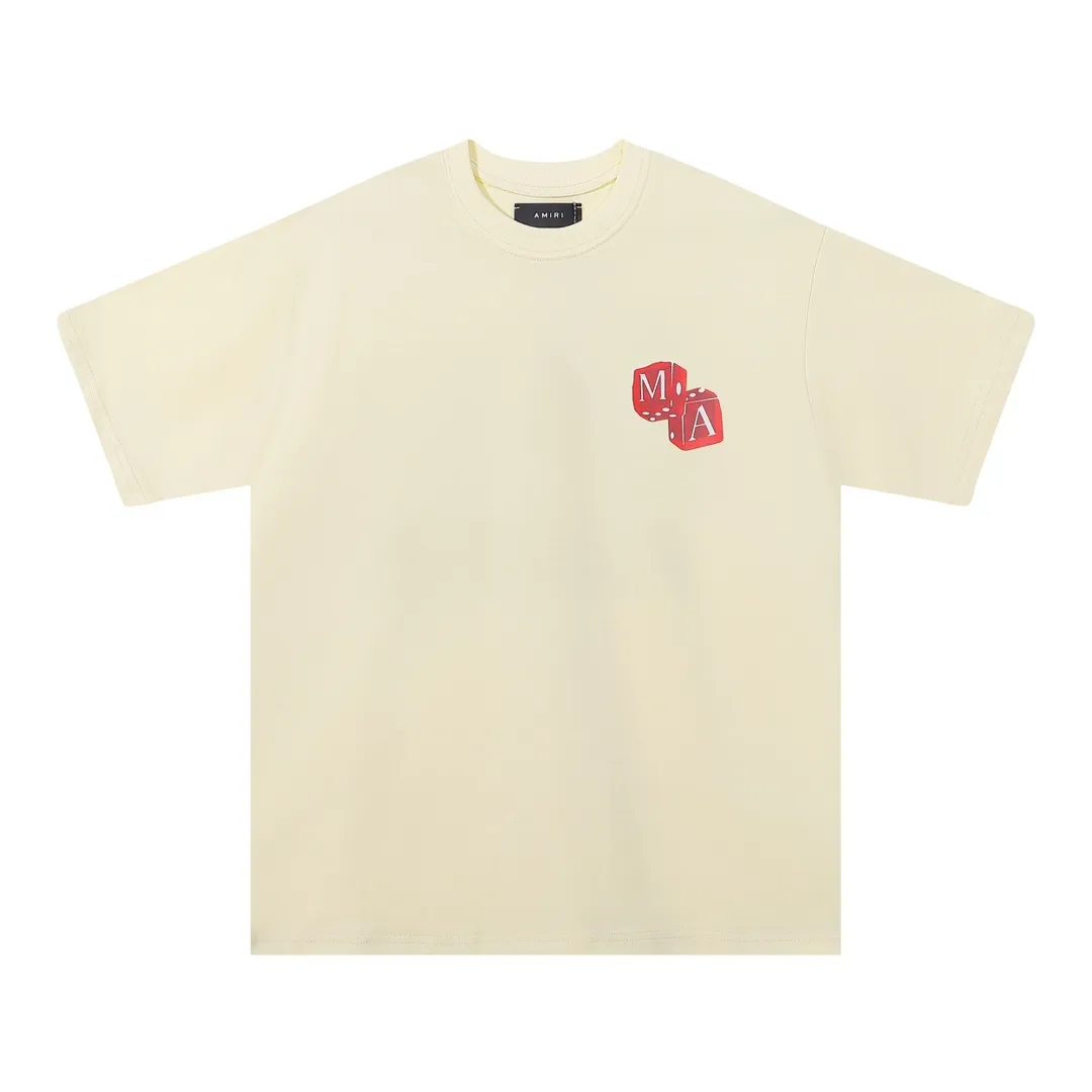 P114 Fabric: 260g double yarn AMIRI 2025 spring and summer new logo round neck T-shirt high street same style for men and women loose classic letter printed short sleeves Color: black. Apricot Size: S M L XL