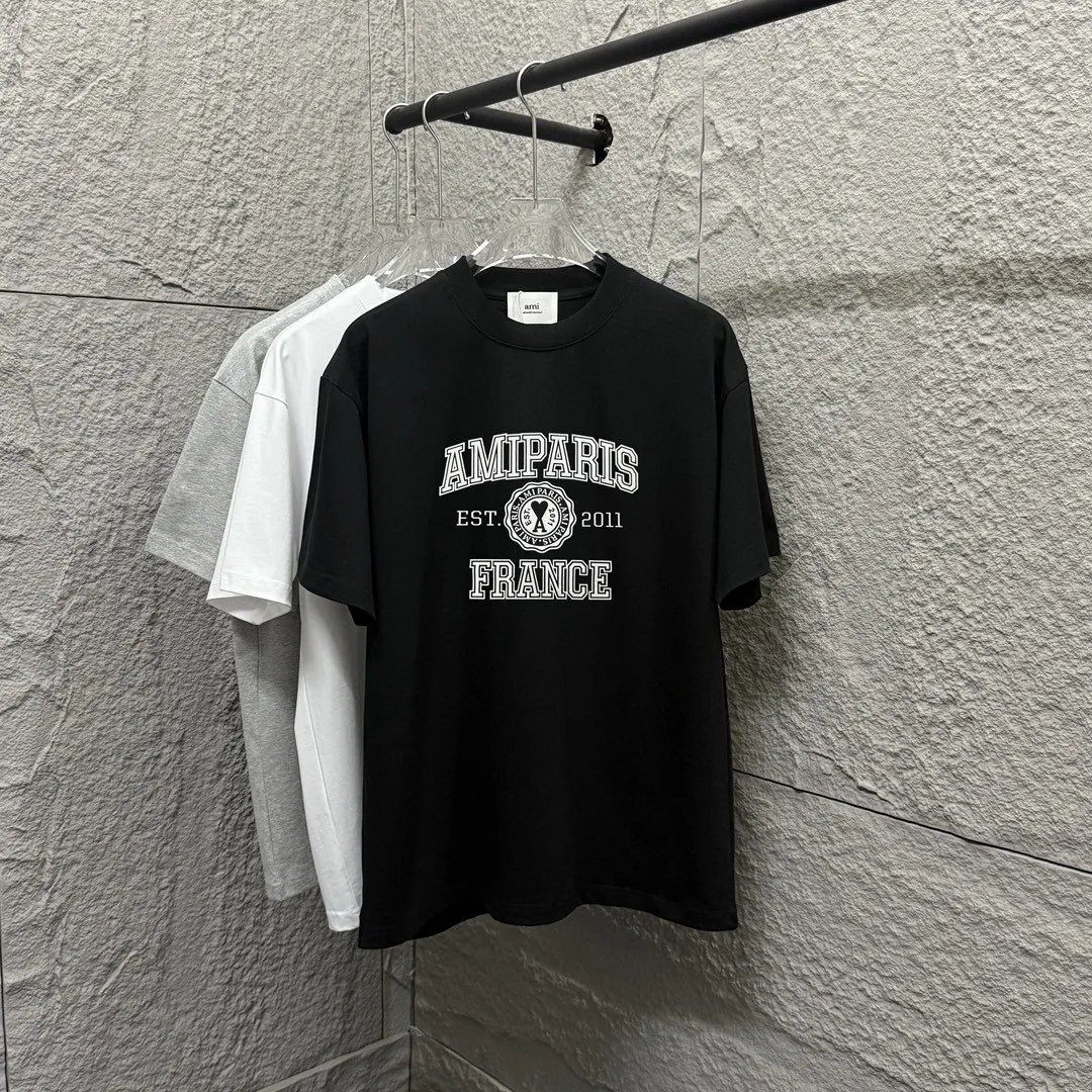 🅿️180 Ami* 2025 spring and summer new style Ami letter flocking technology Customized double yarn plain cotton fabric Short-sleeved T-shirt Uniform for men and women Color: black white floral gray Size: S (90-130 catties) M (120-150 catties) L (140-165 catties) XL (160-180 catties) XXL (180-210 pounds)