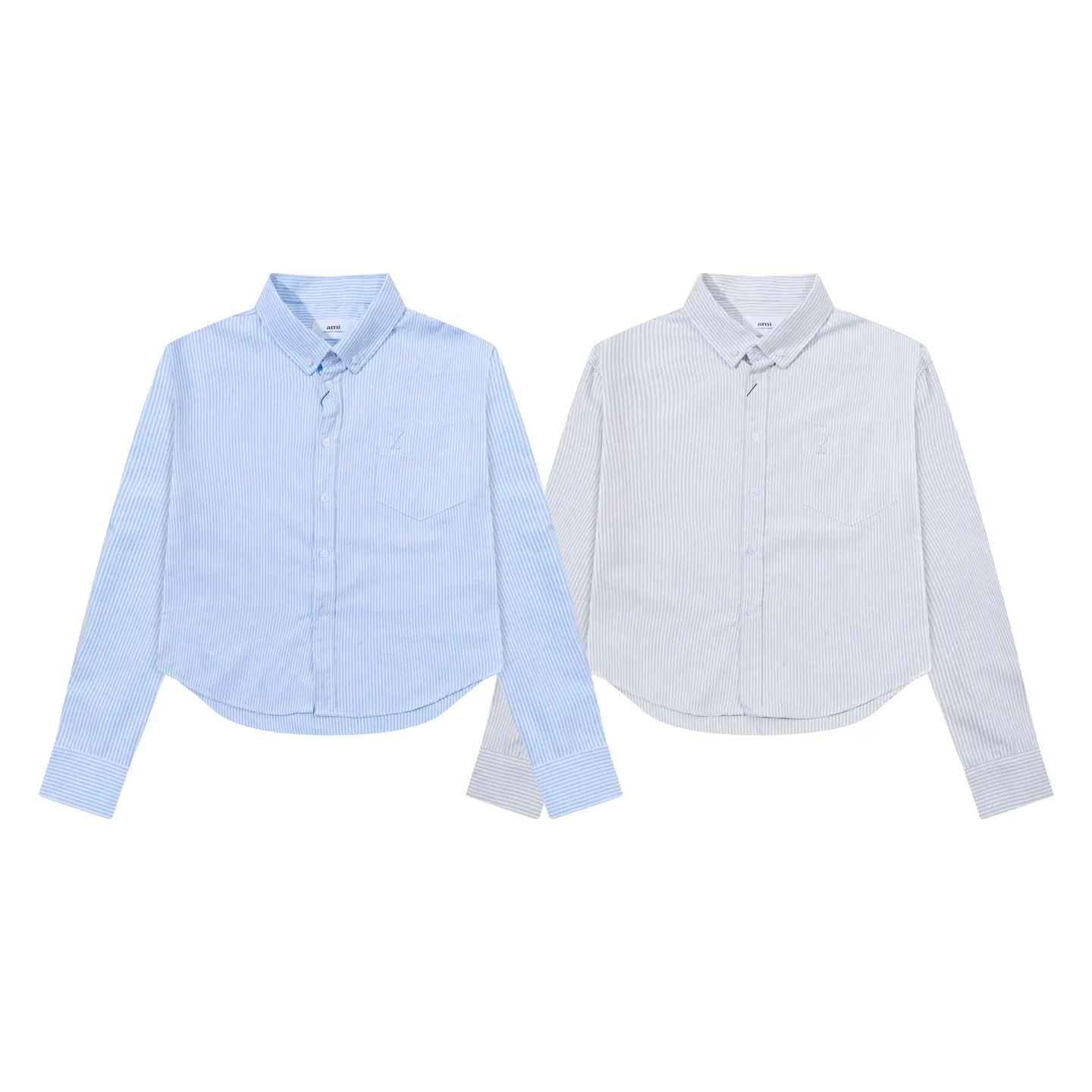2230# AMI Paris 2025 early autumn new product ADC box type, chest pocket, classic invisible three-dimensional convex ironing small heart, casual cotton striped long-sleeved Oxford shirt, customized 180g pure cotton fabric, short loose version, same style for men and women. Color: gray and white, blue and white, code number: S-XL