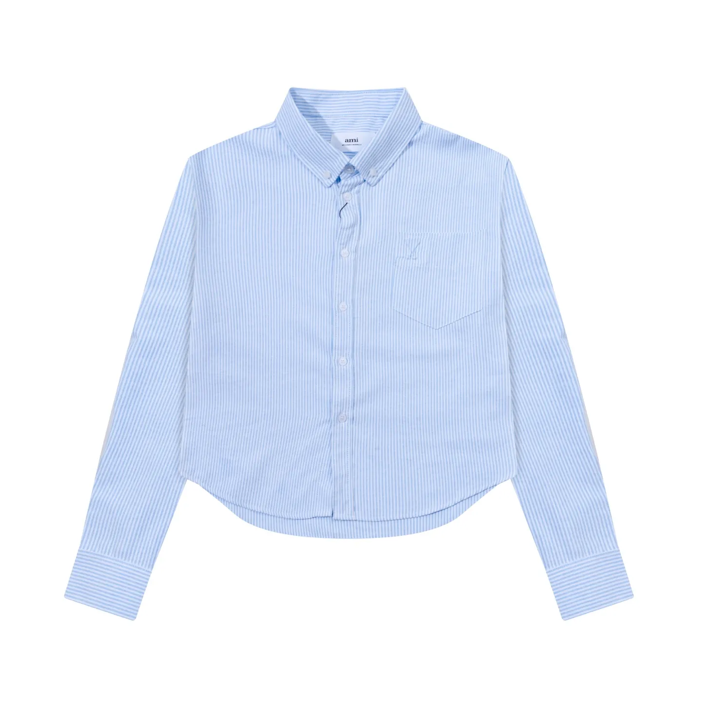 2230# AMI Paris 2025 early autumn new product ADC box type, chest pocket, classic invisible three-dimensional convex ironing small heart, casual cotton striped long-sleeved Oxford shirt, customized 180g pure cotton fabric, short loose version, same style for men and women. Color: gray and white, blue and white, code number: S-XL
