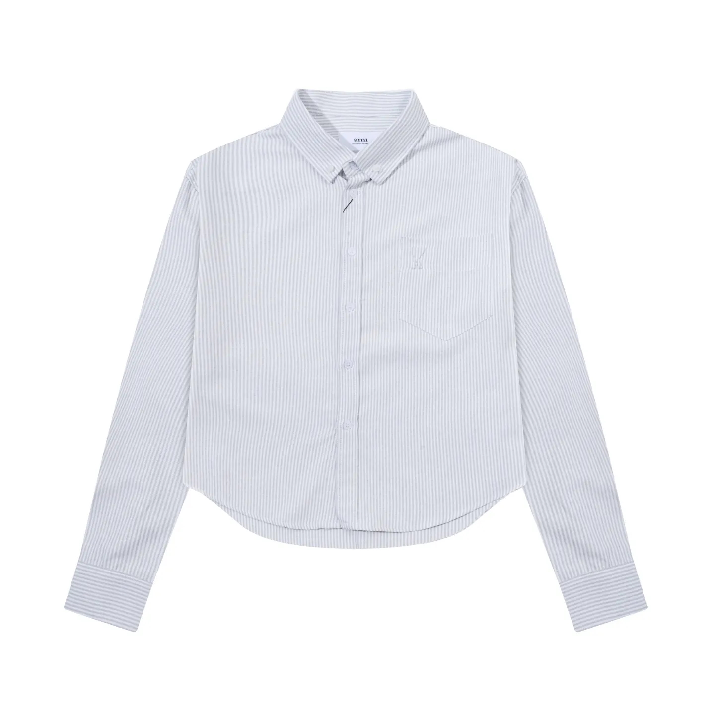 2230# AMI Paris 2025 early autumn new product ADC box type, chest pocket, classic invisible three-dimensional convex ironing small heart, casual cotton striped long-sleeved Oxford shirt, customized 180g pure cotton fabric, short loose version, same style for men and women. Color: gray and white, blue and white, code number: S-XL