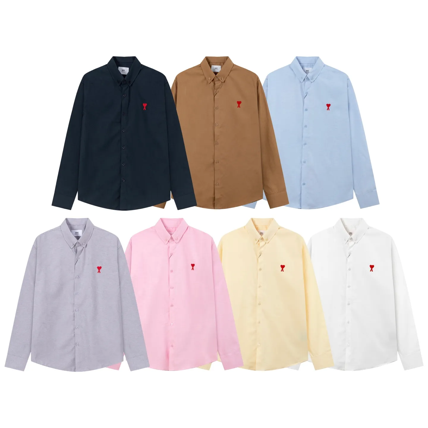 P150 2203# AMI Paris Classic autumn red small love heart embroidered on the chest Casual cotton solid color long-sleeved Oxford shirt Original custom-made 180g pure cotton fabric Regular fit Unisex Color: White Blue Yellow Brown Pink Size: S-XL