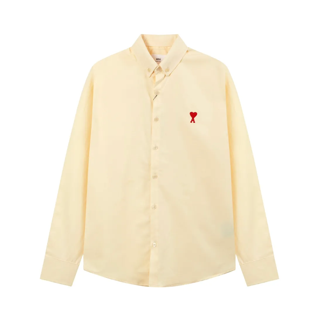 P150 2203# AMI Paris Classic autumn red small love heart embroidered on the chest Casual cotton solid color long-sleeved Oxford shirt Original custom-made 180g pure cotton fabric Regular fit Unisex Color: White Blue Yellow Brown Pink Size: S-XL