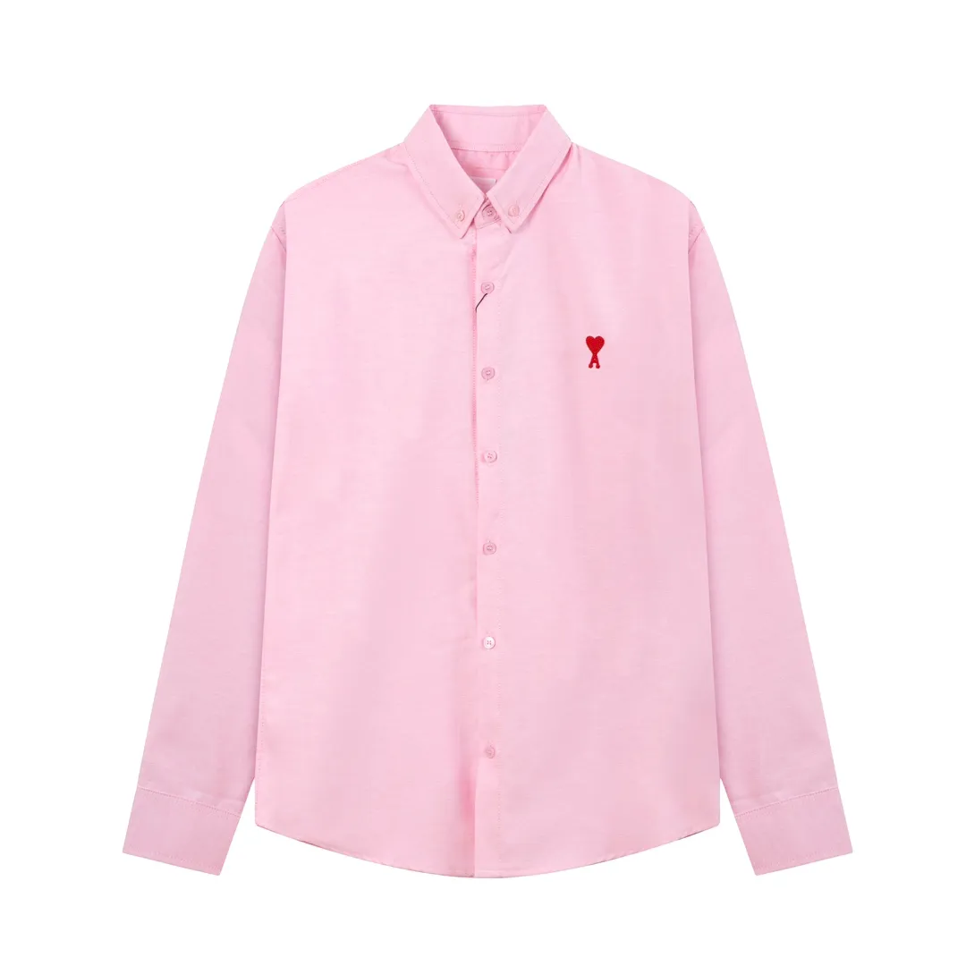 P150 2203# AMI Paris Classic autumn red small love heart embroidered on the chest Casual cotton solid color long-sleeved Oxford shirt Original custom-made 180g pure cotton fabric Regular fit Unisex Color: White Blue Yellow Brown Pink Size: S-XL