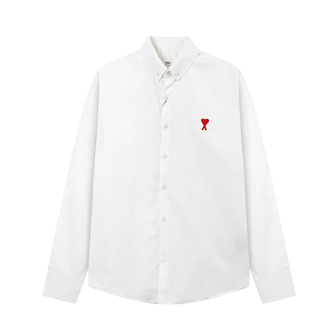 P150 2203# AMI Paris Classic autumn red small love heart embroidered on the chest Casual cotton solid color long-sleeved Oxford shirt Original custom-made 180g pure cotton fabric Regular fit Unisex Color: White Blue Yellow Brown Pink Size: S-XL