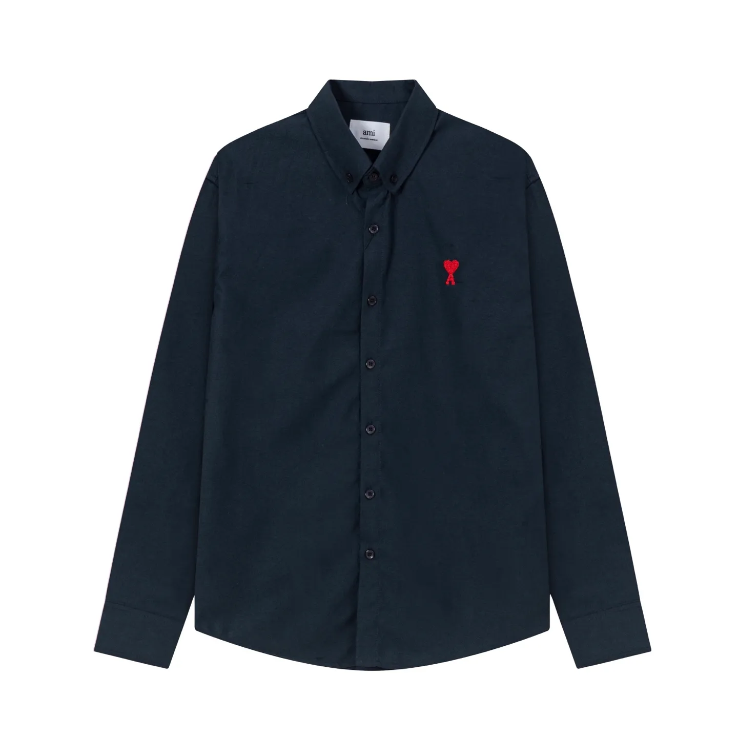 P150 2203# AMI Paris Classic autumn red small love heart embroidered on the chest Casual cotton solid color long-sleeved Oxford shirt Original custom-made 180g pure cotton fabric Regular fit Unisex Color: White Blue Yellow Brown Pink Size: S-XL