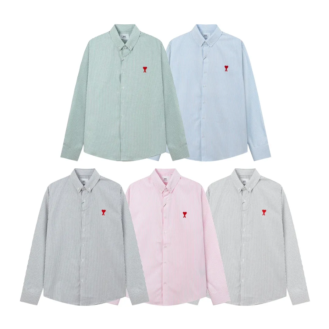 2202# AMI Paris Classic autumn red small heart embroidered on the chest Casual cotton striped long-sleeved Oxford shirt Original custom-made 180g pure cotton fabric Regular version Same style for men and women Colors: Black and white Gray and white Blue and white Green and white Pink and white Size: S-XL