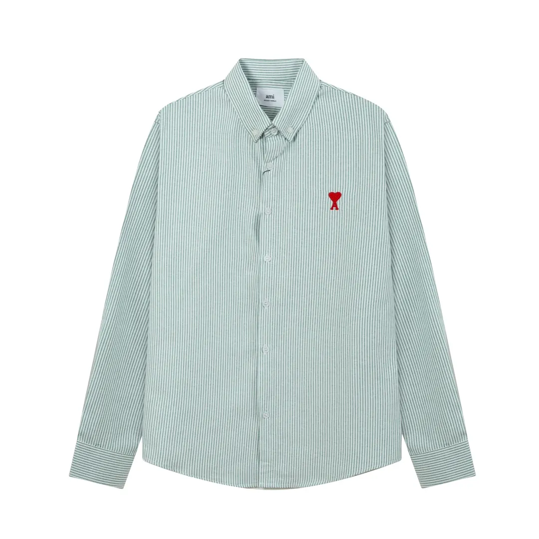 2202# AMI Paris Classic autumn red small heart embroidered on the chest Casual cotton striped long-sleeved Oxford shirt Original custom-made 180g pure cotton fabric Regular version Same style for men and women Colors: Black and white Gray and white Blue and white Green and white Pink and white Size: S-XL