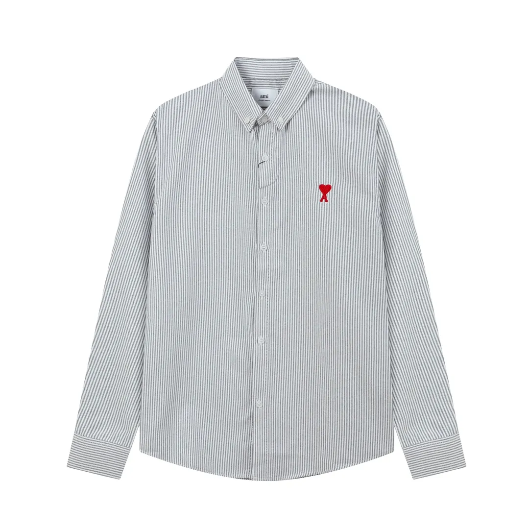 2202# AMI Paris Classic autumn red small heart embroidered on the chest Casual cotton striped long-sleeved Oxford shirt Original custom-made 180g pure cotton fabric Regular version Same style for men and women Colors: Black and white Gray and white Blue and white Green and white Pink and white Size: S-XL