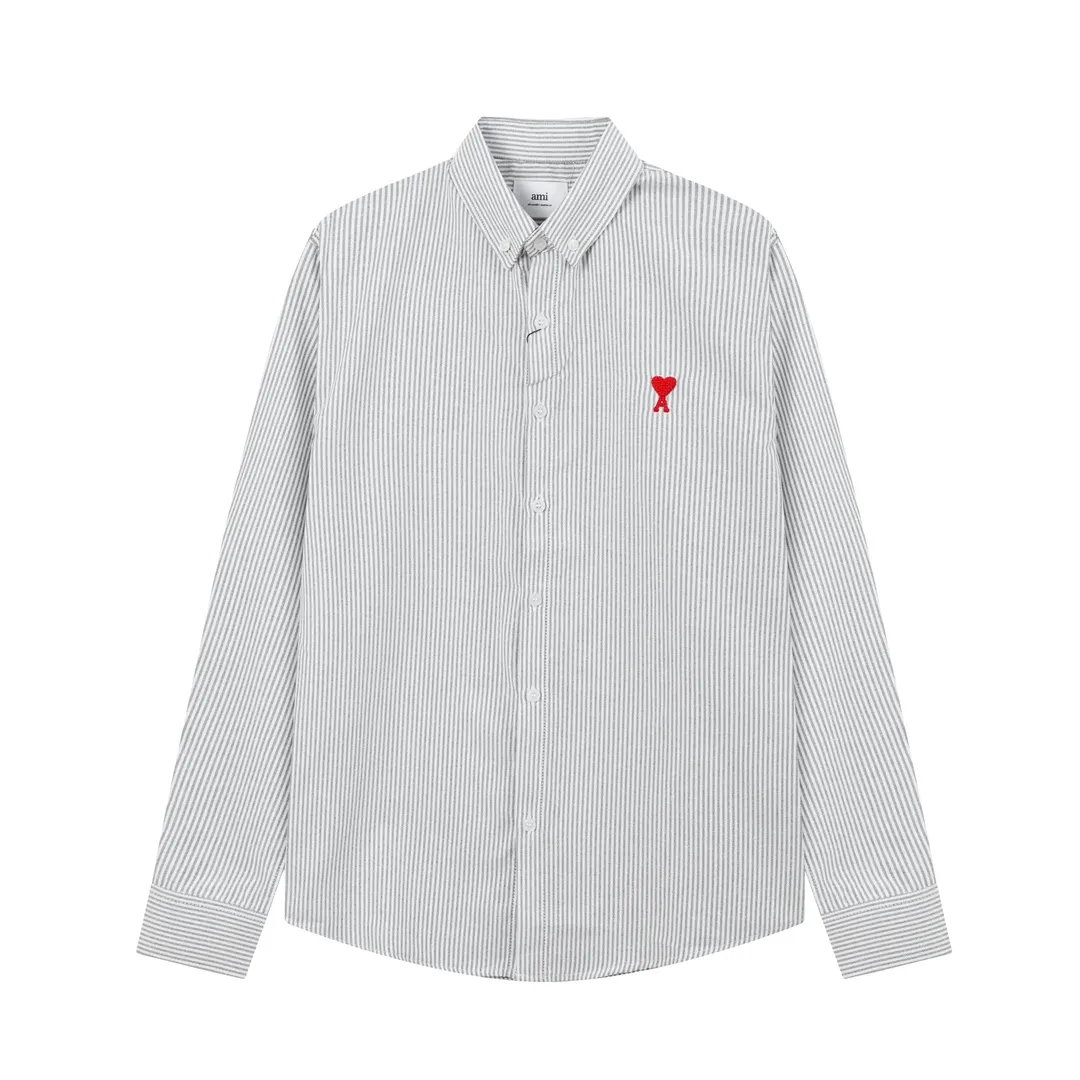 2202# AMI Paris Classic autumn red small heart embroidered on the chest Casual cotton striped long-sleeved Oxford shirt Original custom-made 180g pure cotton fabric Regular version Same style for men and women Colors: Black and white Gray and white Blue and white Green and white Pink and white Size: S-XL